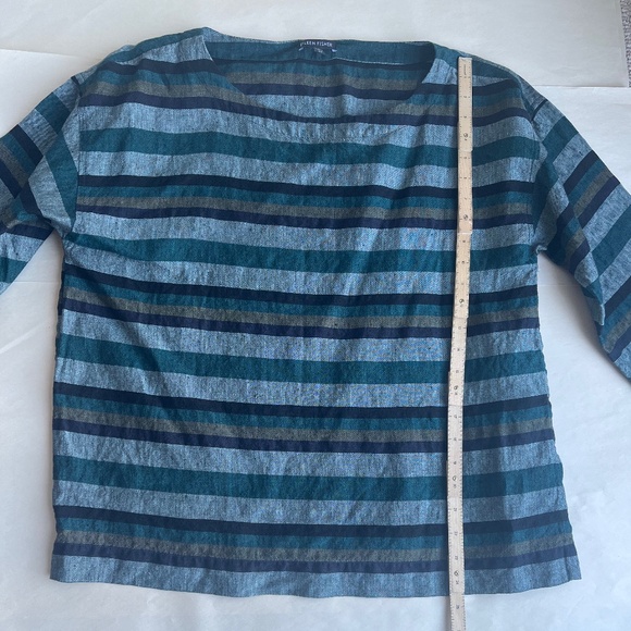Eileen Fisher Cross-Dyed Organic‎ Linen Top Striped Teal Multi Box Tee Blouse - Picture 8 of 11